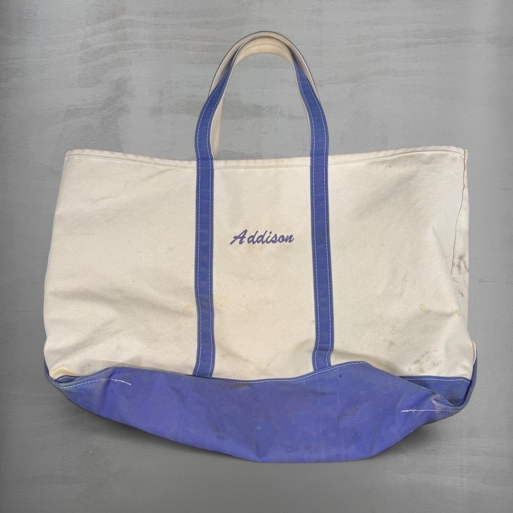 Vintage L.L.Bean Boat and Tote Bag Blue White Canvas Made in USA XL Big